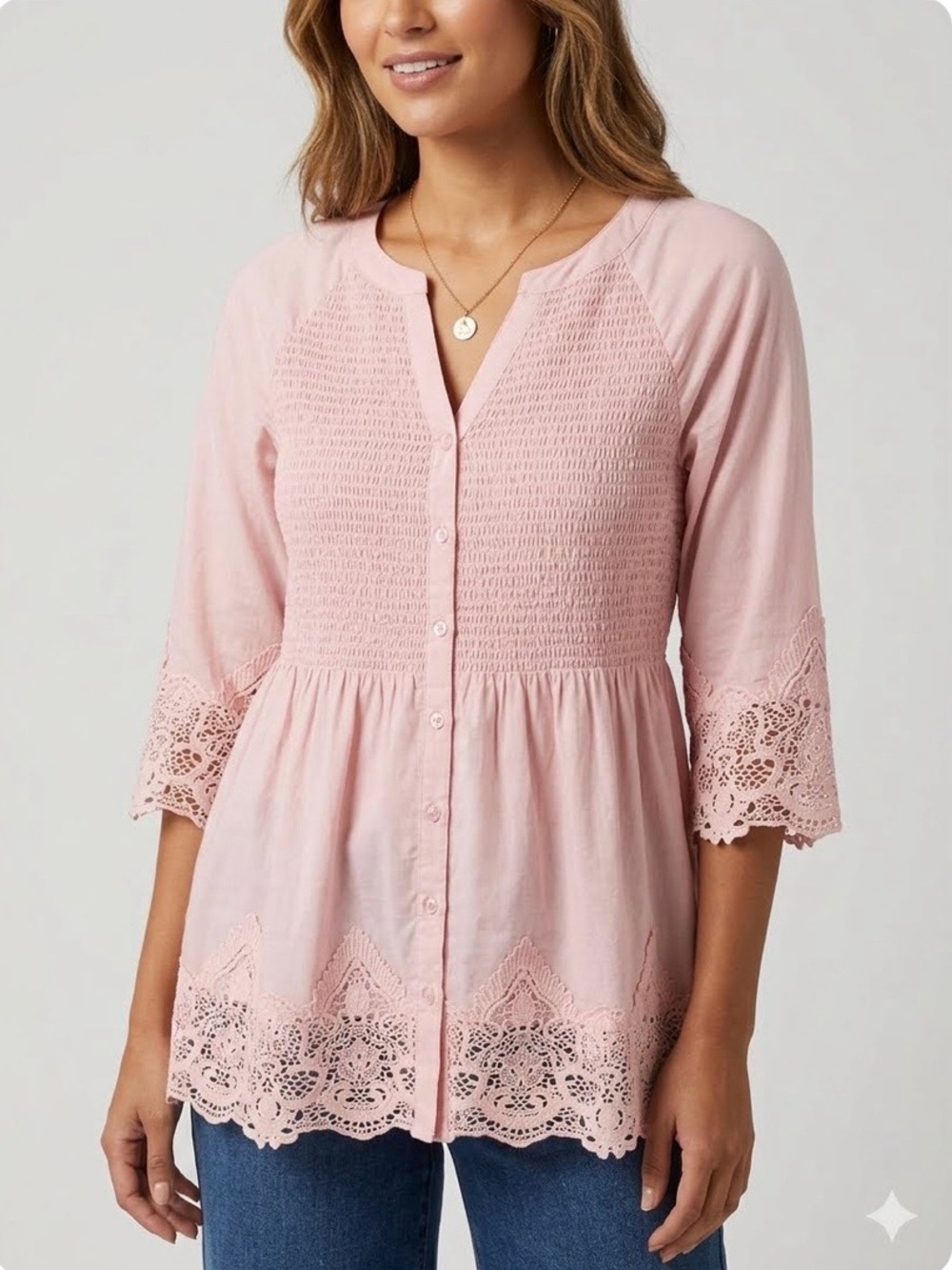Women's Blush Crochet-Trim Button Front Tunic